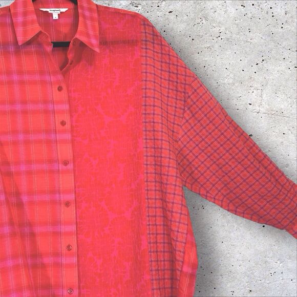 Desigual Patchwork Plaid Shirt Orange Pink Red Womens Small Oversized Button Up - Picture 9 of 15